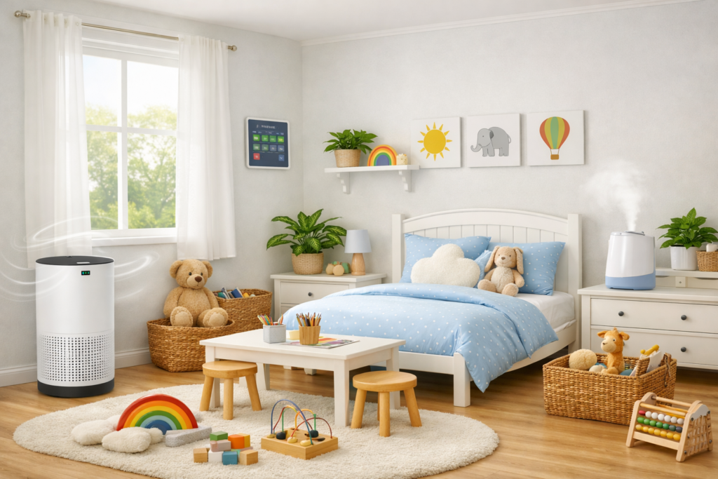 Child's bedroom scene with a white bed, blue polka-dot bedding, stuffed animals, and a pastel rug with a rainbow toy and blocks nearby.