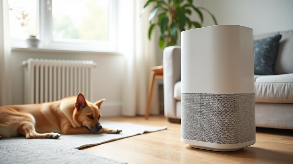 A modern smart air purifier in a clean living room with a cat and a dog resting nearby, showcasing devices designed for households with pets.