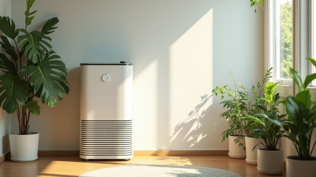 A modern smart air purifier in a naturally-lit room, surrounded by houseplants and daylight, with minimalistic eco-friendly decor