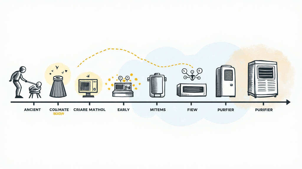 A timeline-style illustration showing the evolution of air purification technology, with sketches of ancient air circulation methods, early filter devices, and modern purifiers.