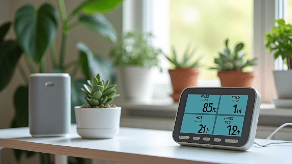 Air quality sensors and digital monitor displaying different readings on a modern desk next to an air purifier