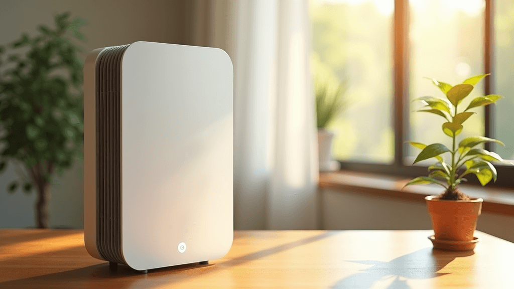 an eco-friendly smart air purifier on a wooden table next to a small potted plant and sunlight streaming through a window