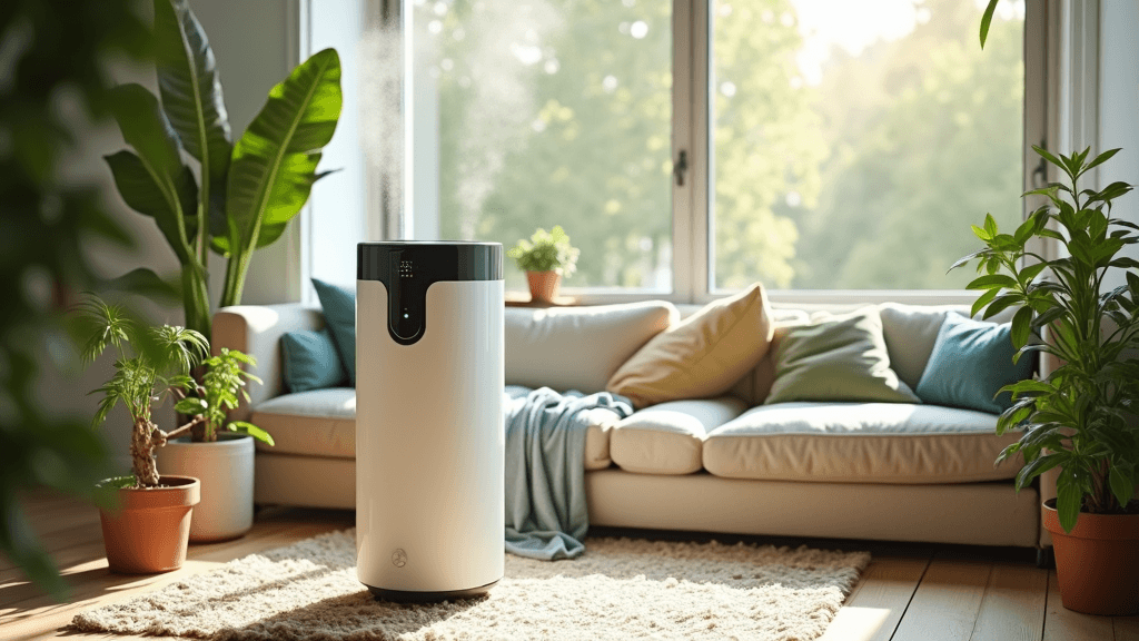 Smart air purifier operating in a modern eco-friendly home surrounded by green plants