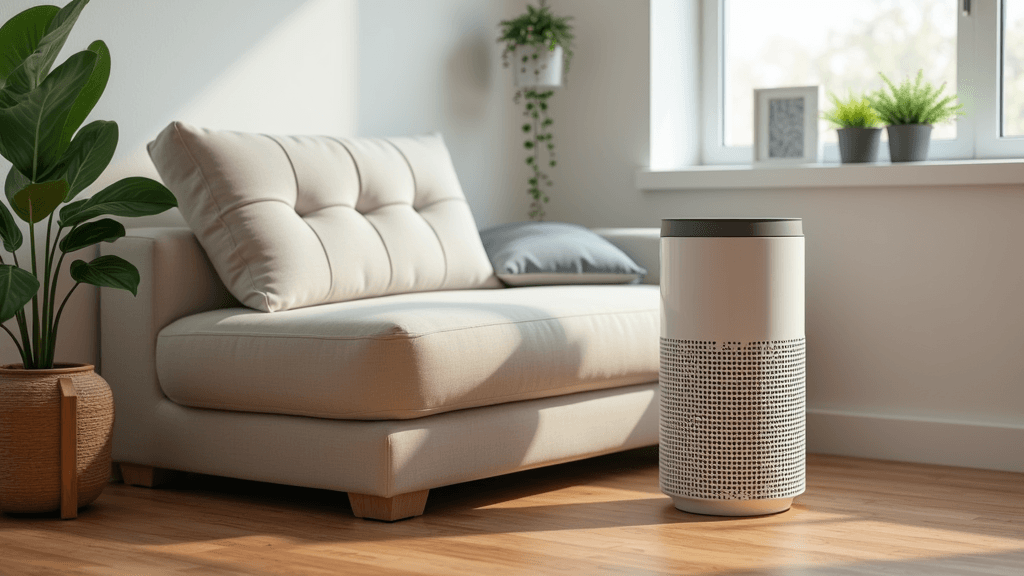 Trio Plus 5 Stage Air Purifier on a side table in a modern living room