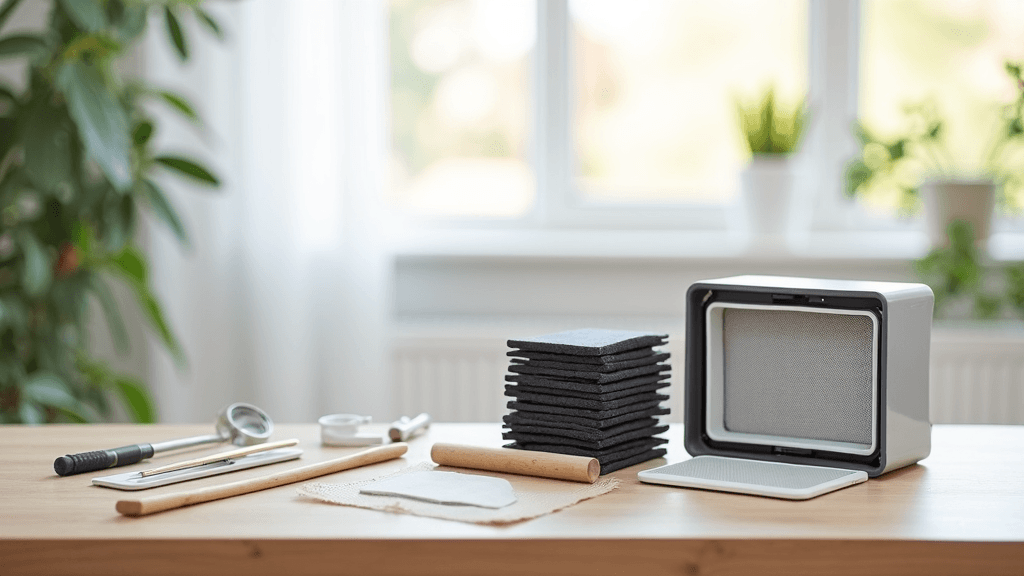 DIY upgrade tools and air purifier parts on a table with filters and activated carbon supplies