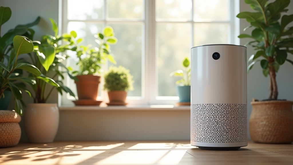 A sleek, modern smart air purifier in a cozy living room setting, surrounded by thriving houseplants and natural sunlight, highlighting clean and fresh air.