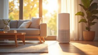 A smart air purifier sitting on the floor of a modern living room