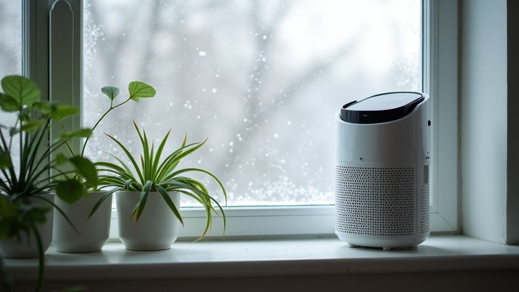 a-smart-air-purifier-near-a-window-with-falling-snow-outside-and-fresh-indoor-plants-on-the-sill- - Best Smart Purifiers a-smart-air-purifier-near-a-window-with-falling-snow-outside-and-fresh-indoor-plants-on-the-sil