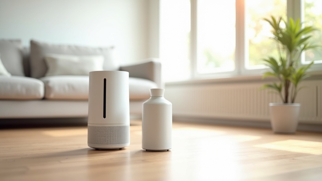Air purifier and humidifier side by side in a bright living room