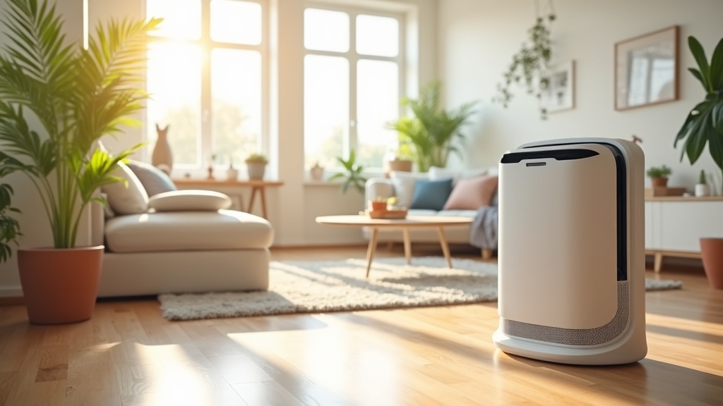 Modern smart air purifier in a bright, allergen-free living room