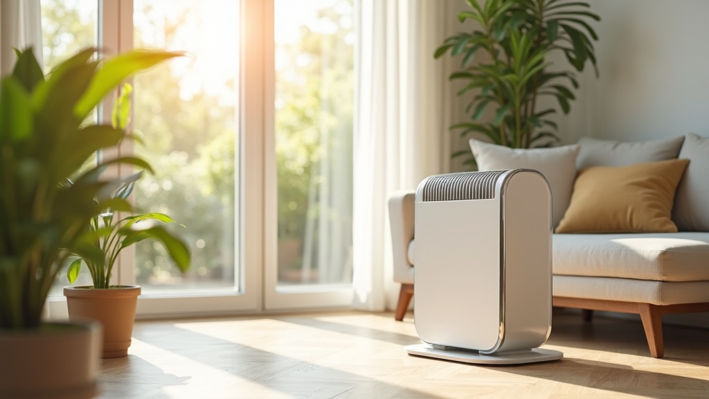 Modern smart air purifier in a cozy living room setting, surrounded by plants and clean, sunlit air.