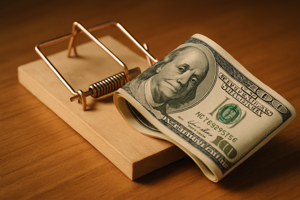 ai-a-cash-trap- A wad of hundred dollar bills caught in a trap