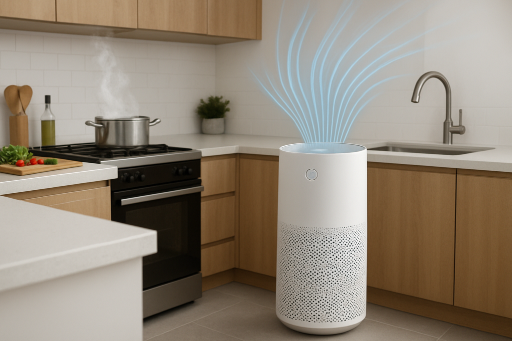 aioseo-ai-a-modern-air-purifier-sta-medium-auto-landscape-20260216-121428 - Best Smart Purifiers A modern air purifier standing in a kitchen while a meal is being prepared on the stove, showing clean air flow.