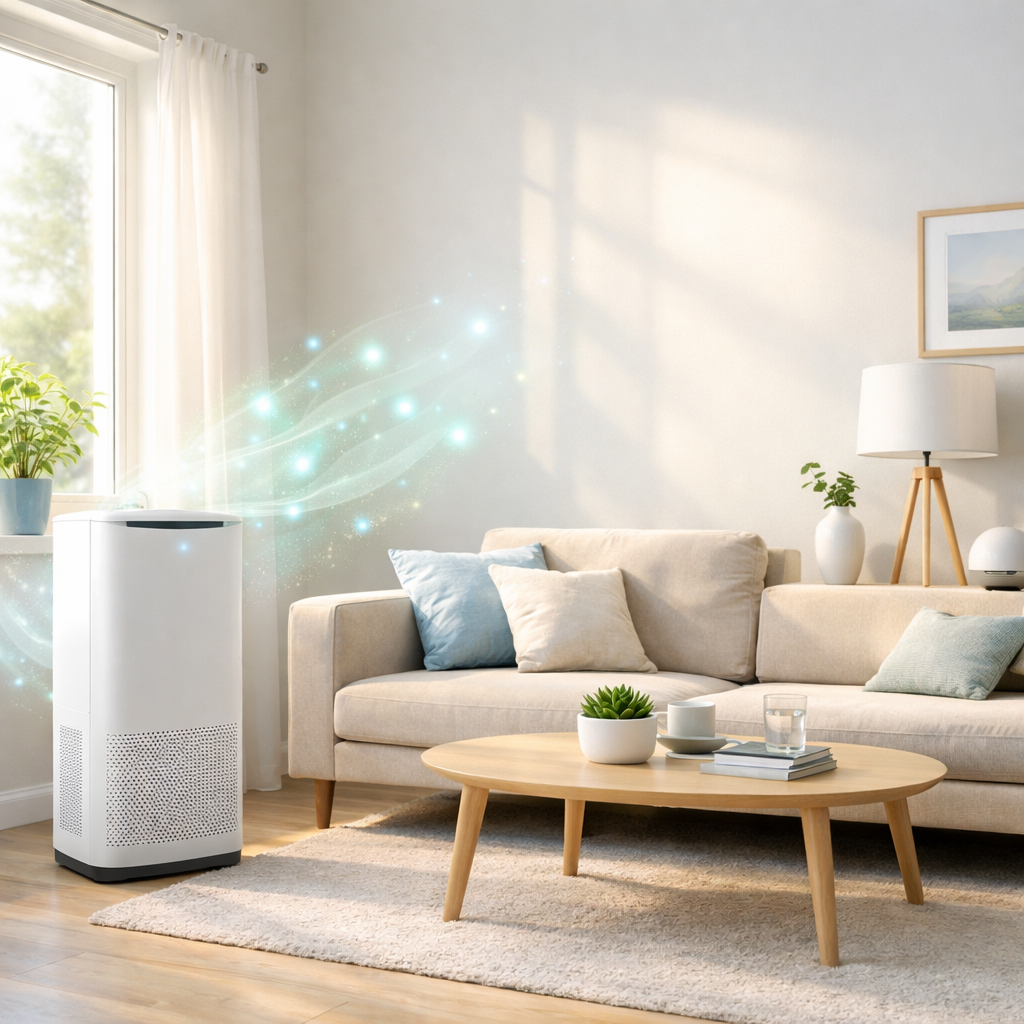 A modern bright living space - Best Smart Purifiers White air purifier in a bright living room emitting a stream of glowing teal particles to indicate clean air flow