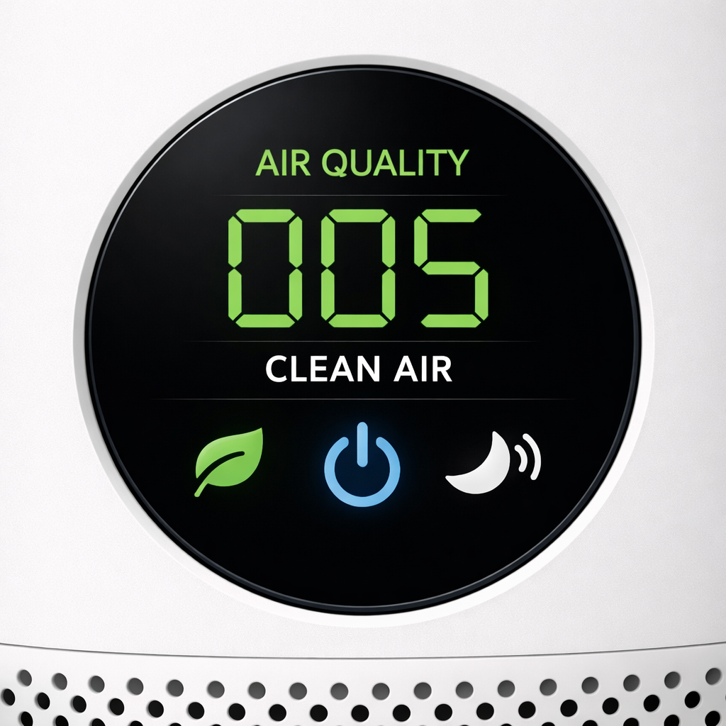 Close-up of a smart air purifier display - Best Smart Purifiers Close-up of a smart air purifier display showing clean air status, low-energy icon, and quiet mode in a minimalist home office,