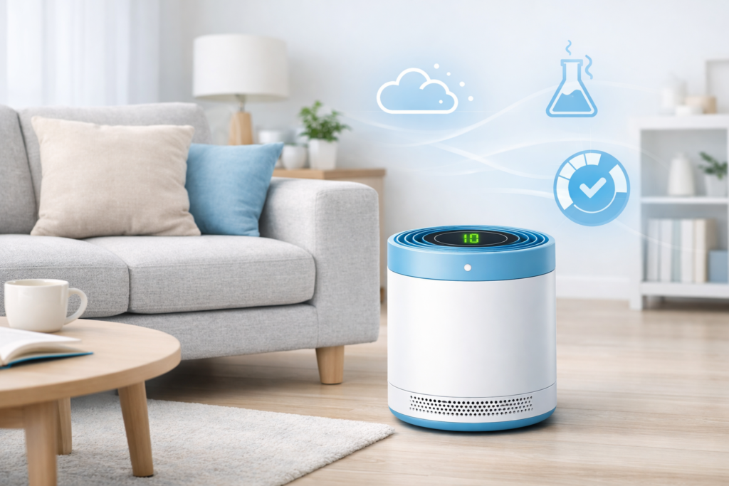 a sleek smart air purifier positioned near a light sofa bathed in soft daylight - Best Smart Purifiers bright, modern living room aesthetic perfectly — a sleek smart air purifier positioned near a light sofa, bathed in soft daylight. The subtle floating blue air‑quality graphics add a sense of calm and wellness, evoking the clean editorial style of a home‑health magazine.