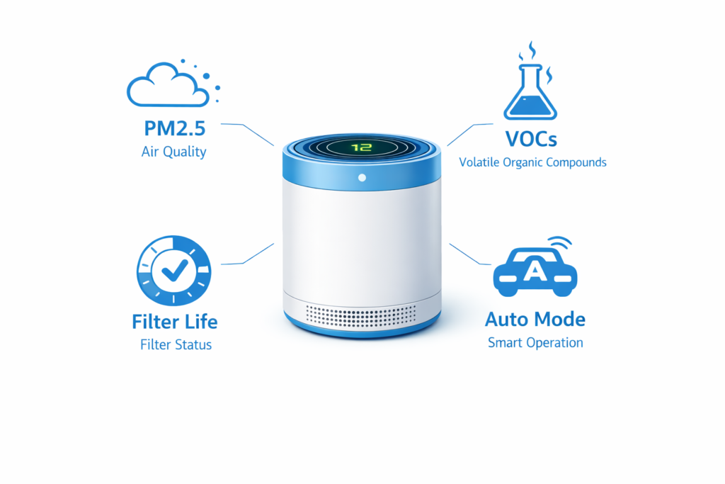 minimalist smart‑purifier infographic — clean lines, sky‑blue accents, and the four core icons (PM2.5, VOCs, Filter Life, Auto Mode) arranged in a balanced, modern layout around the device.