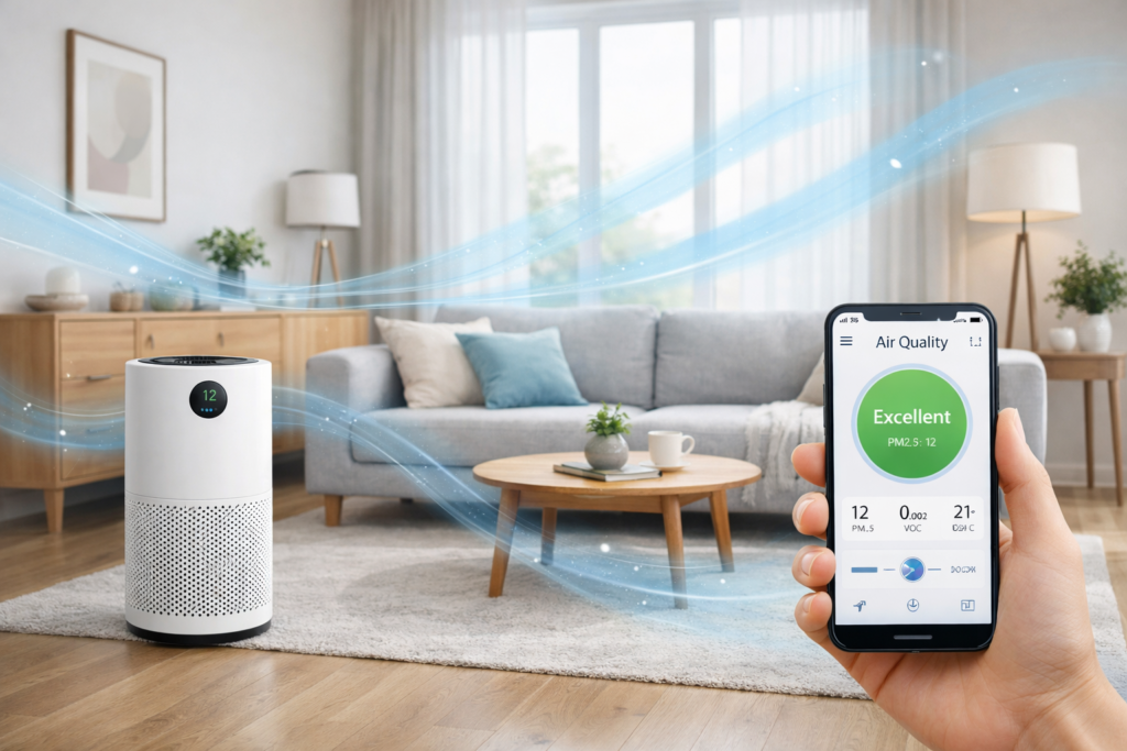 A clean modern living room with a smart air purifier, phone dashboard, and soft blue air-quality graphics.
