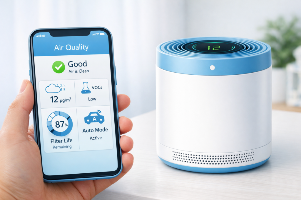 smartphone with an indoor airquality dashboard - Best Smart Purifiers a clean daylight composition showing a white smart purifier beside a smartphone with an indoor air‑quality dashboard.