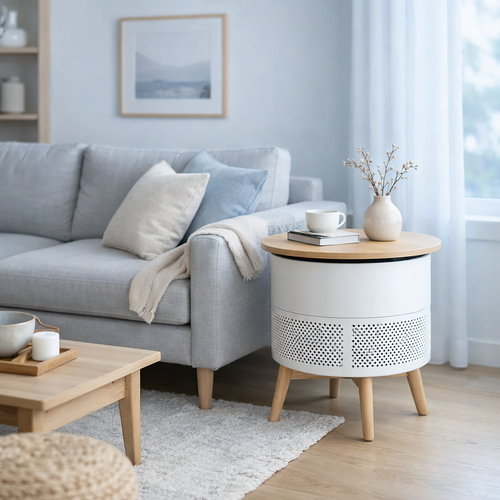 A modern living room with a sleek side-table-style air purifier beside a sofa, soft blue daylight, clean Scandinavian styling,