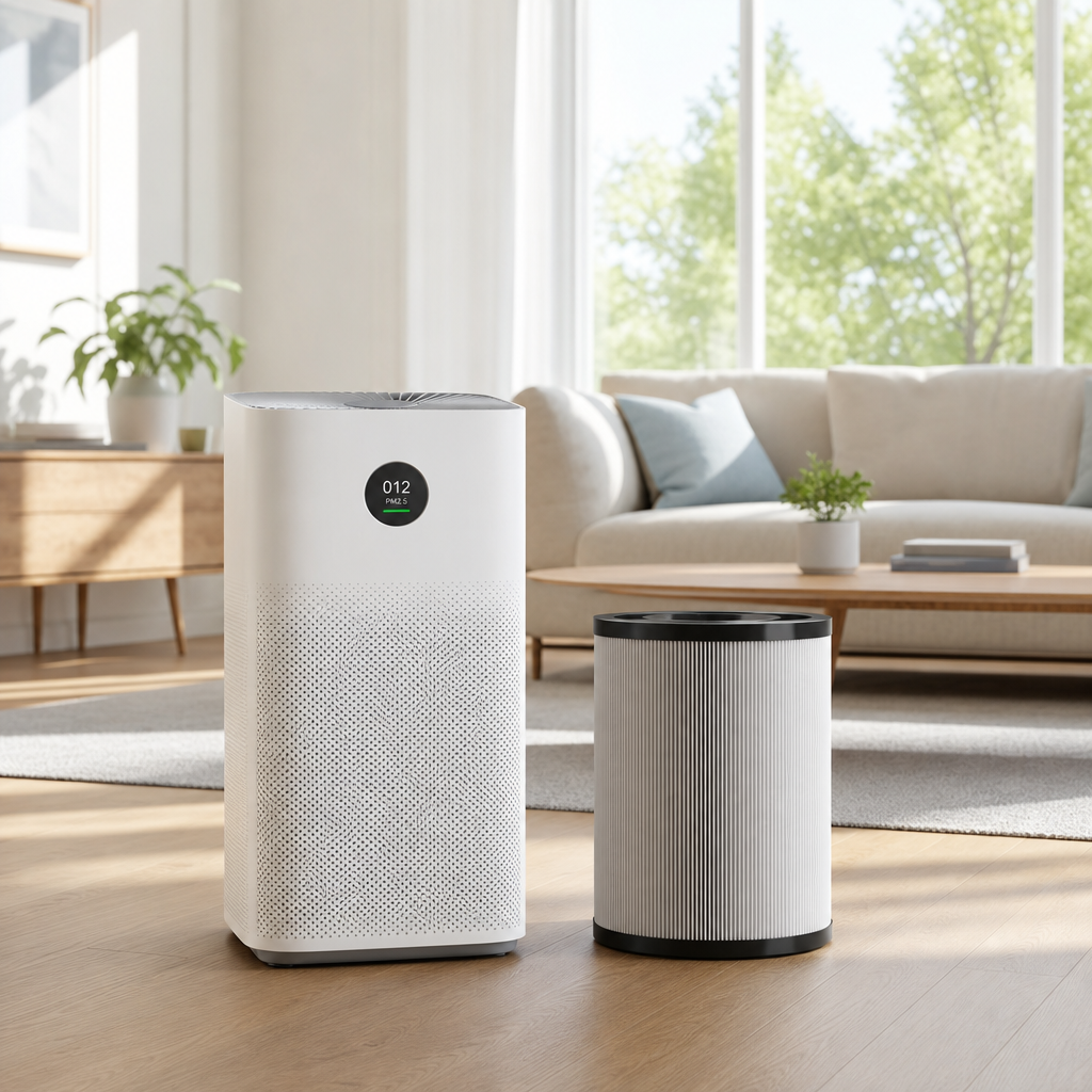 A modern smart air purifier in a bright living room, a replacement filter beside it,
a subtle air-quality display, and clean summer daylight.
