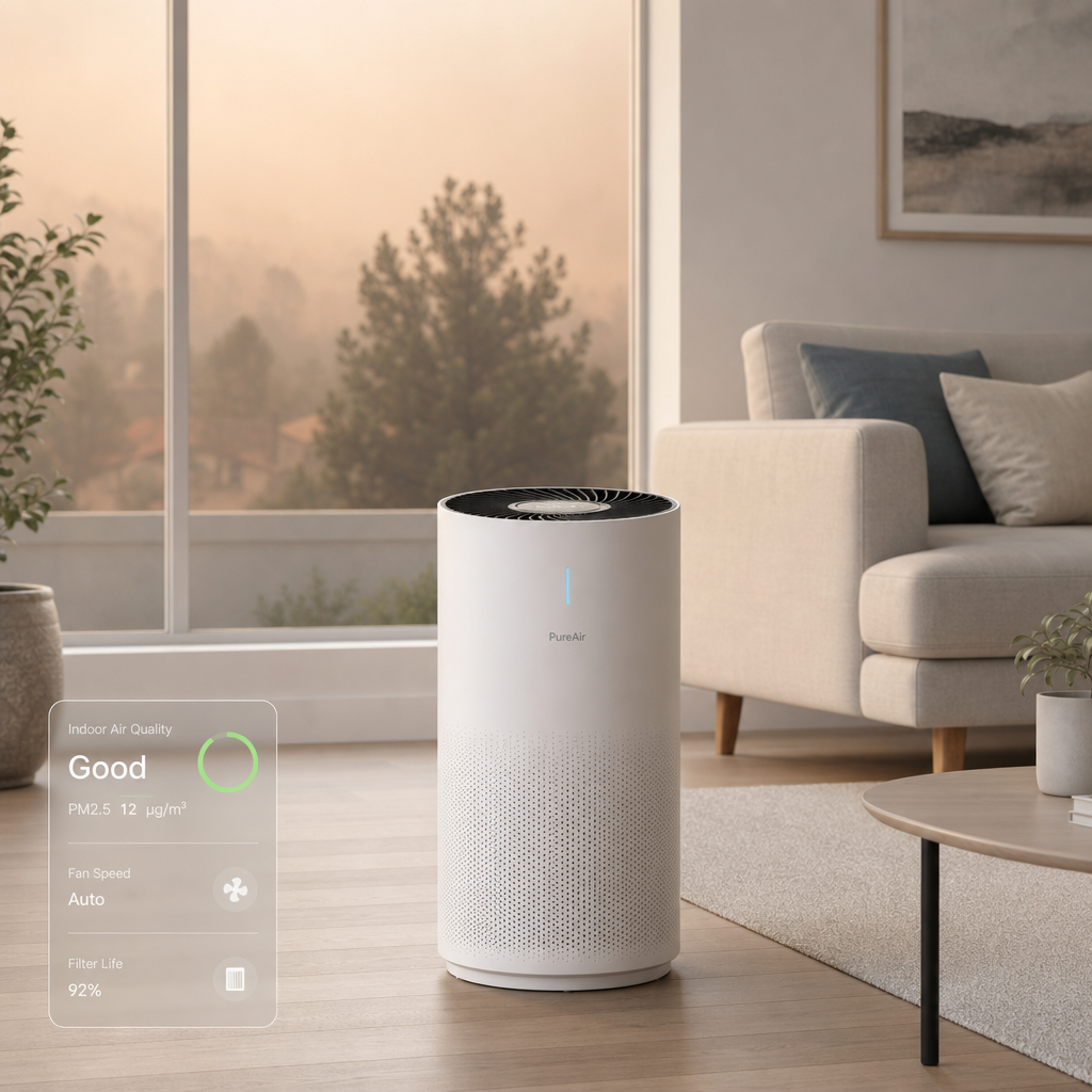 A smart air purifier filtering wildfire smoke particles inside a modern home