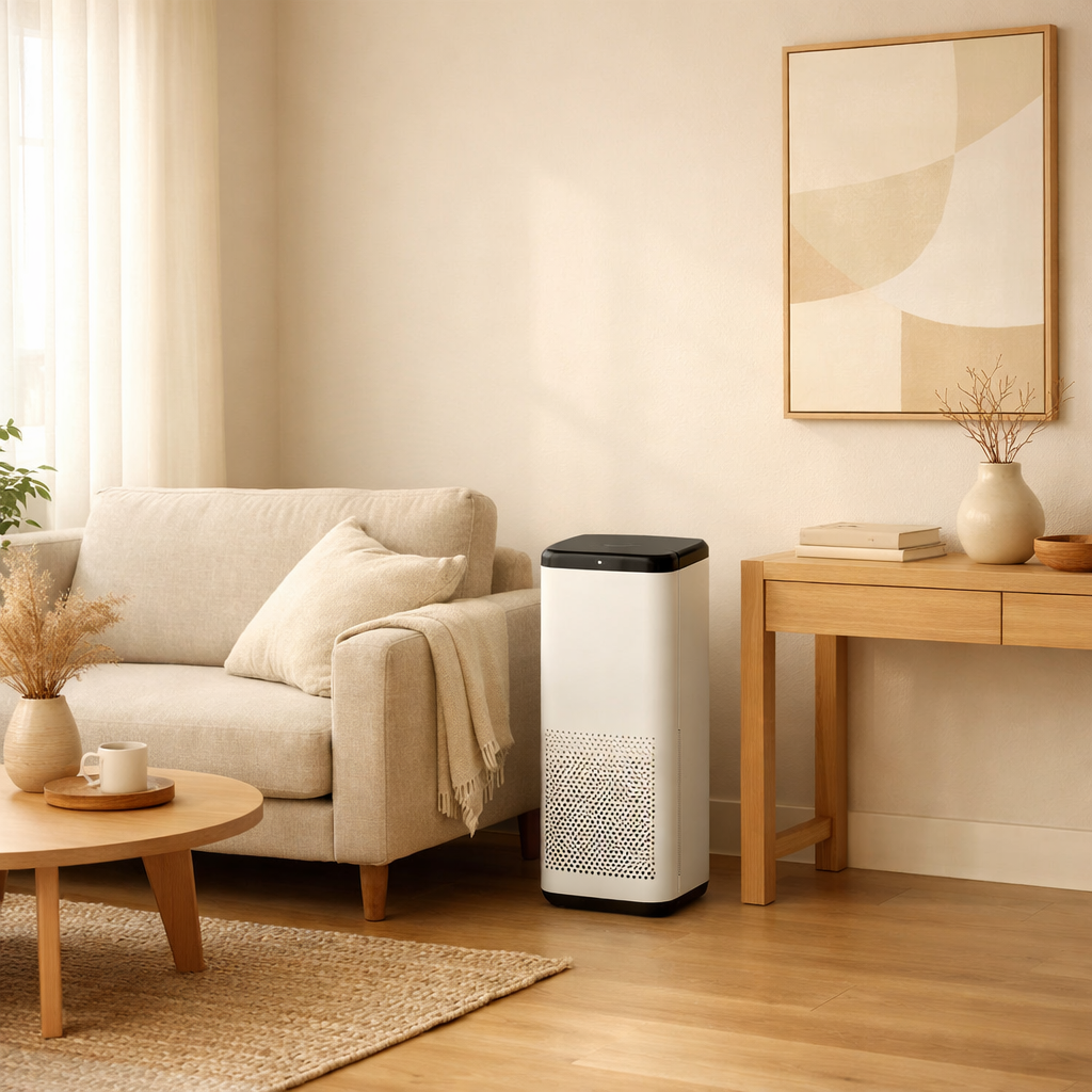 Minimalist smart air purifier in a warm modern living room with neutral 2026 interior design styling.