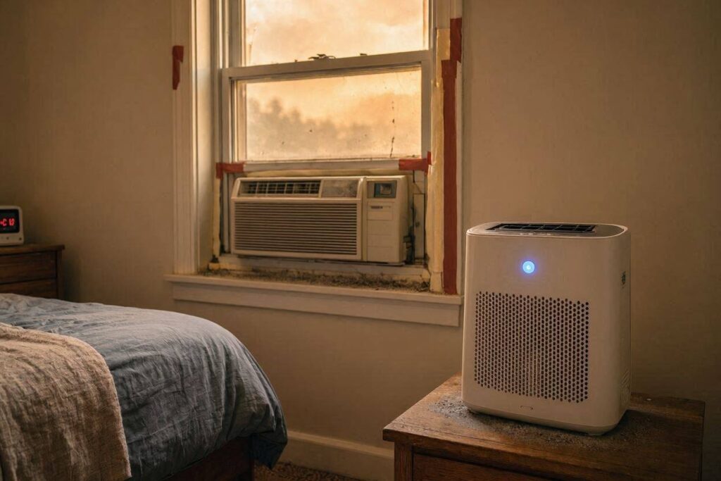 Portable air purifier and window air conditioner operating in a sealed bedroom during a summer wildfire-smoke event