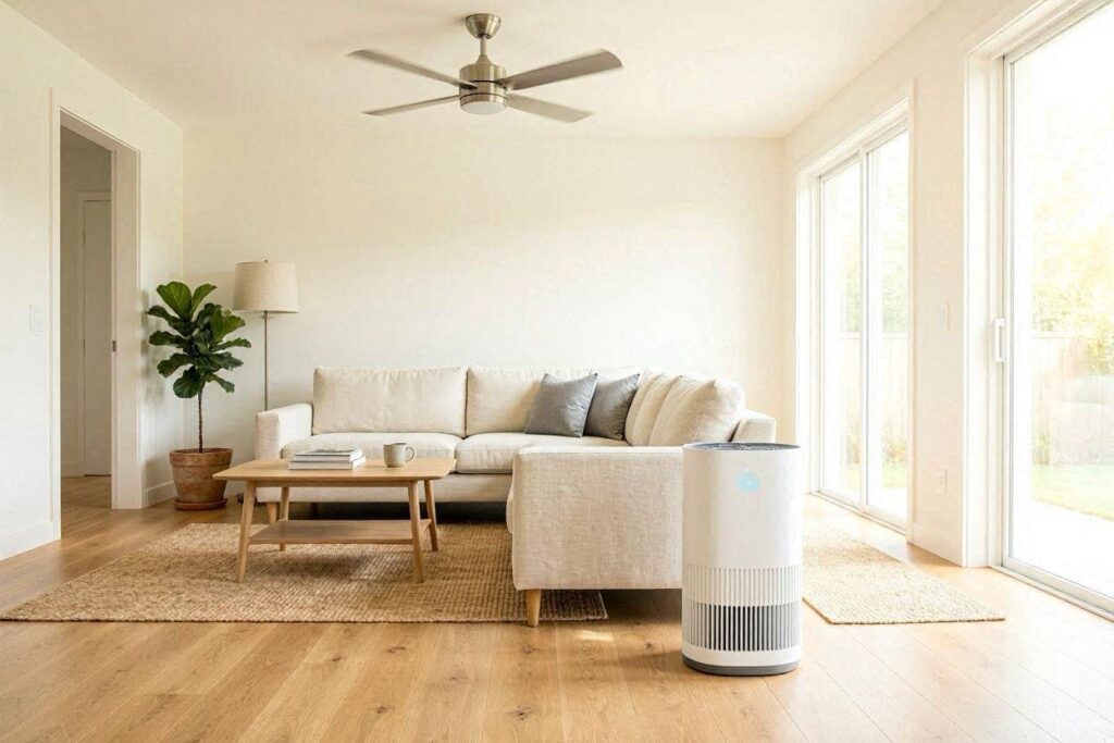 Ceiling fan circulating air above a properly placed smart air purifier in an uncluttered summer living room