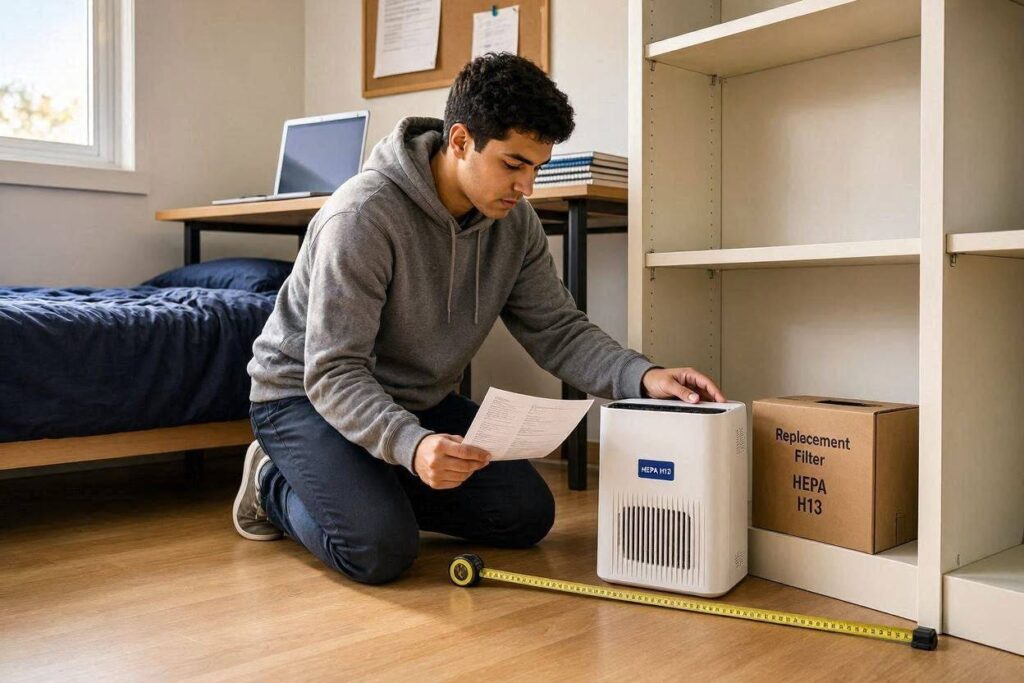 College student measuring a small dorm room while comparing a compact air purifier and replacement-filter information