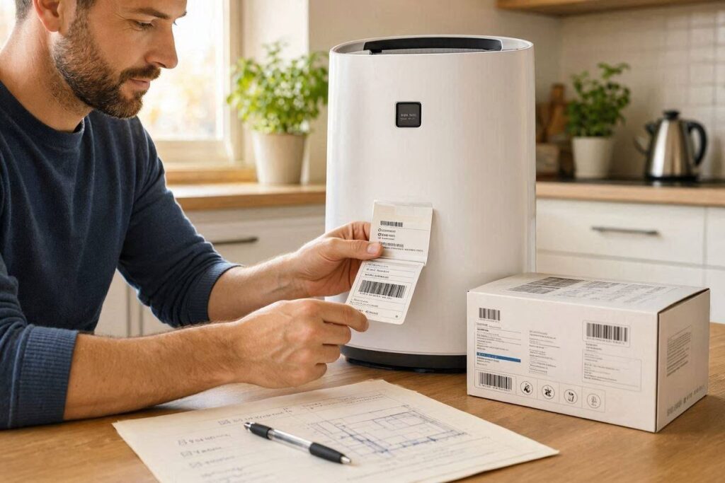 Homeowner_comparing_an_air_purifier_model_lab - Best Smart Purifiers Homeowner comparing an air purifier model label with a replacement filter box and a fit-and-filter planning worksheet
