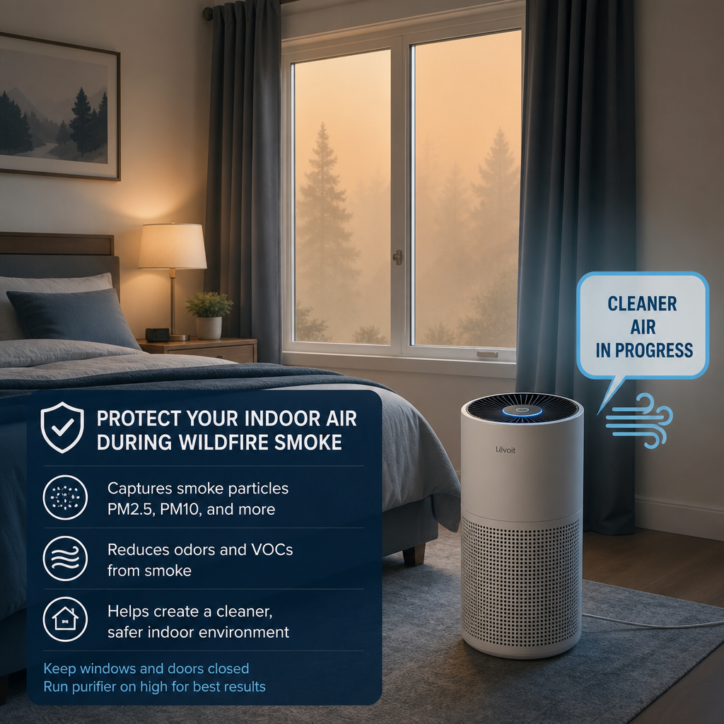 Portable air purifier running - Best Smart Purifiers Portable air purifier running in a closed bedroom prepared as a cleaner-air room during wildfire smoke.