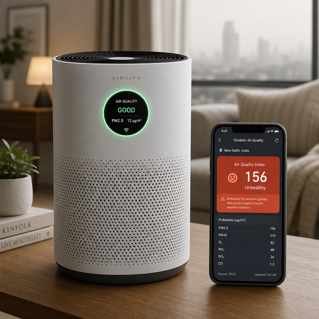 Smart air purifier displaying good indoor air quality beside a phone showing an unhealthy outdoor Air Quality Index - Best Smart Purifiers Smart air purifier displaying good indoor air quality beside a phone showing an unhealthy outdoor Air Quality Index