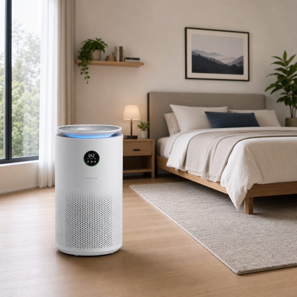 Smart air purifier positioned in an open bedroom with clear space around its intake and clean-air outlet