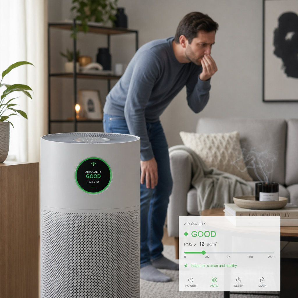 Smart air purifier showing a green air-quality indicator while a homeowner investigates a lingering room odor - Best Smart Purifiers Smart air purifier showing a green air-quality indicator while a homeowner investigates a lingering room odor