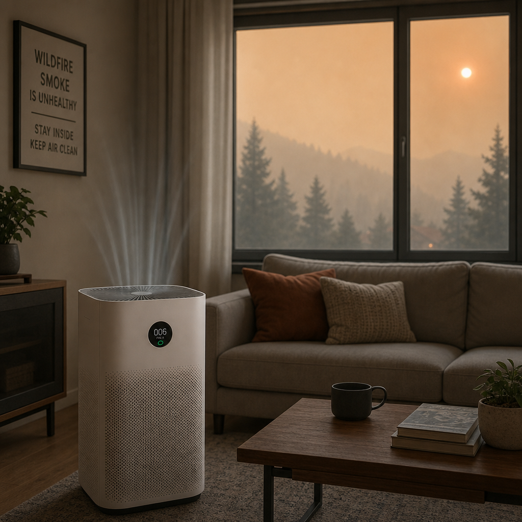 air purifier running in a closed living room during a smoky wildfire haze outside the window