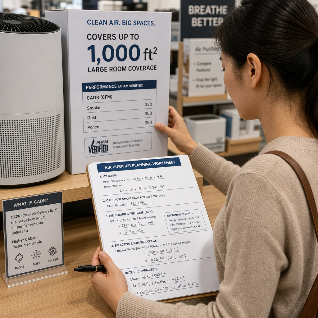 shopper comparing a purifiers l - Best Smart Purifiers Shopper comparing an air purifier, large room coverage claim with CADR and air-change calculations on a planning worksheet
