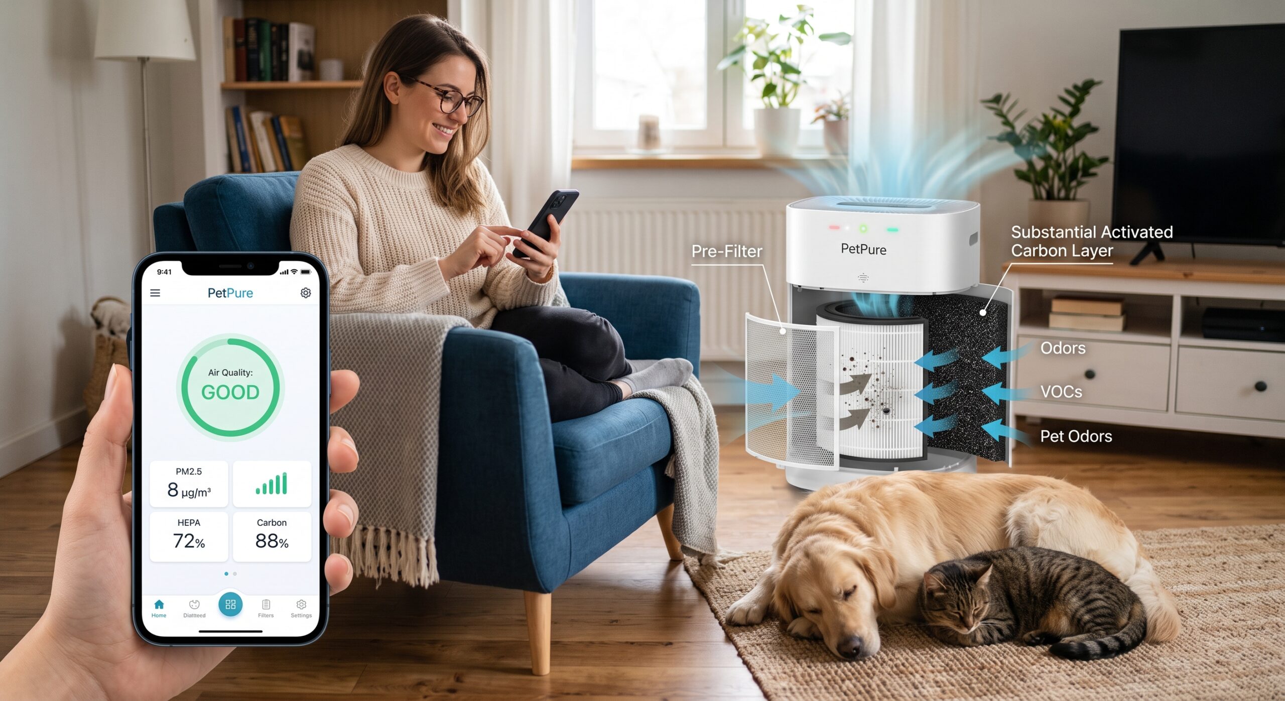 Pet owner checking a smart air purifier app while a dog and cat rest nearby
