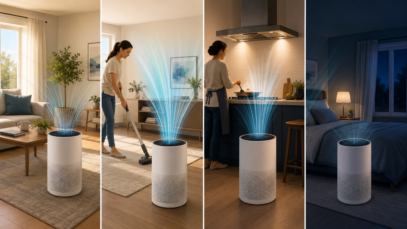Four-part daily air purifier plan showing morning filtration, cleaning, cooking and bedroom use