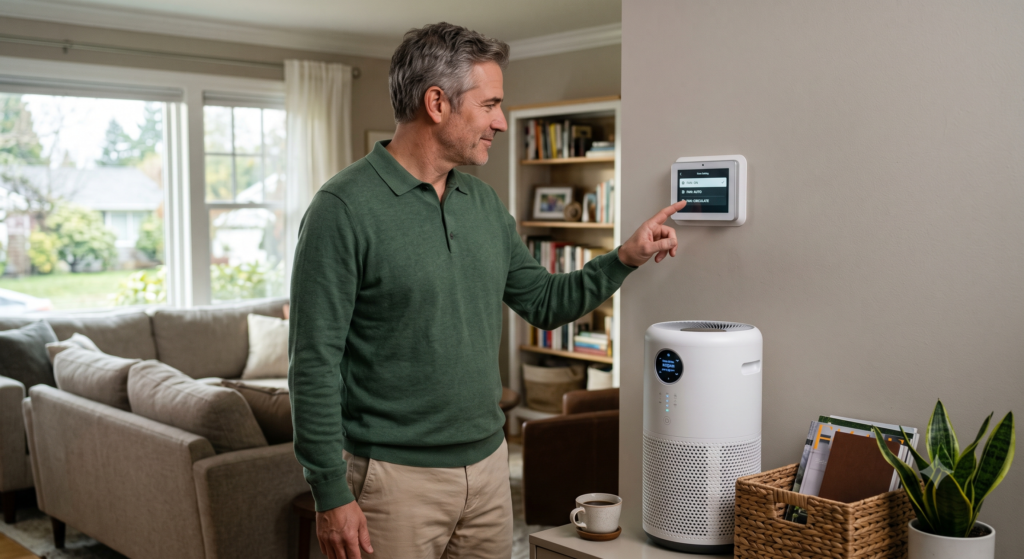 Homeowner comparing ON AUTO and CIRCULATE thermostat fan settings beside a portable air purifier - Best Smart Purifiers Homeowner comparing ON, AUTO, and CIRCULATE thermostat fan settings beside a portable air purifier