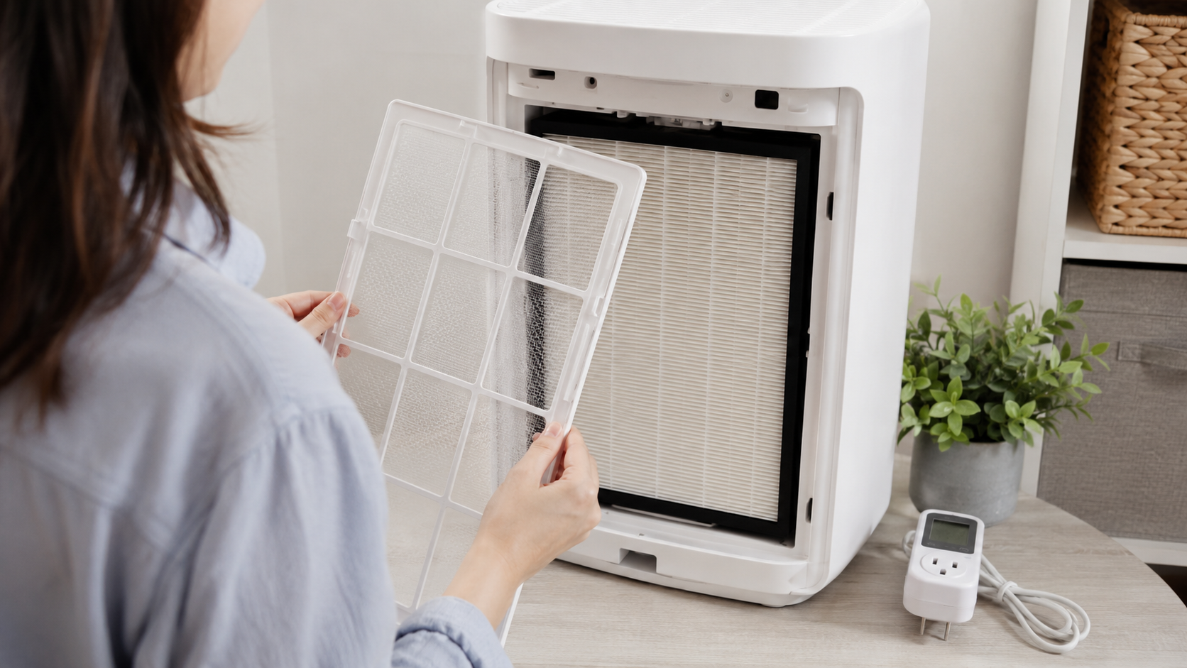 Homeowner inspecting an air purifier pre-filter and main filter beside an electricity meter