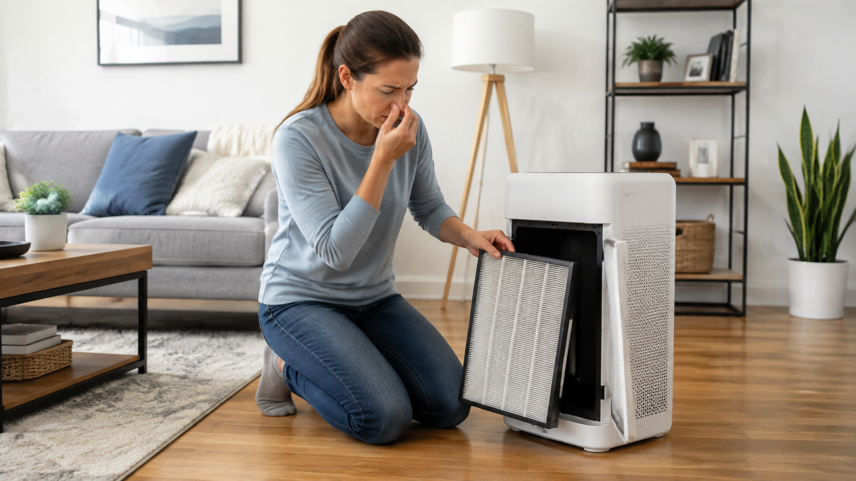 Homeowner inspecting an air purifier after noticing a strange smell