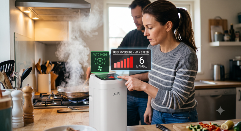 Smart air purifier display showing auto mode beside a homeowner manually increasing fan speed during a cooking smoke event - Best Smart Purifiers Smart air purifier display showing auto mode beside a homeowner manually increasing fan speed during a cooking smoke event