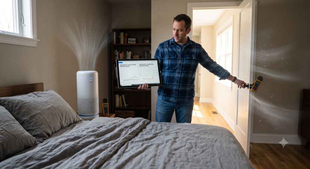 a bedroom air purifier running beside a bed while a homeowner compares the airflow effects of an open and closed door - Best Smart Purifiers Bedroom air purifier running beside a bed while a homeowner compares the airflow effects of an open and closed door