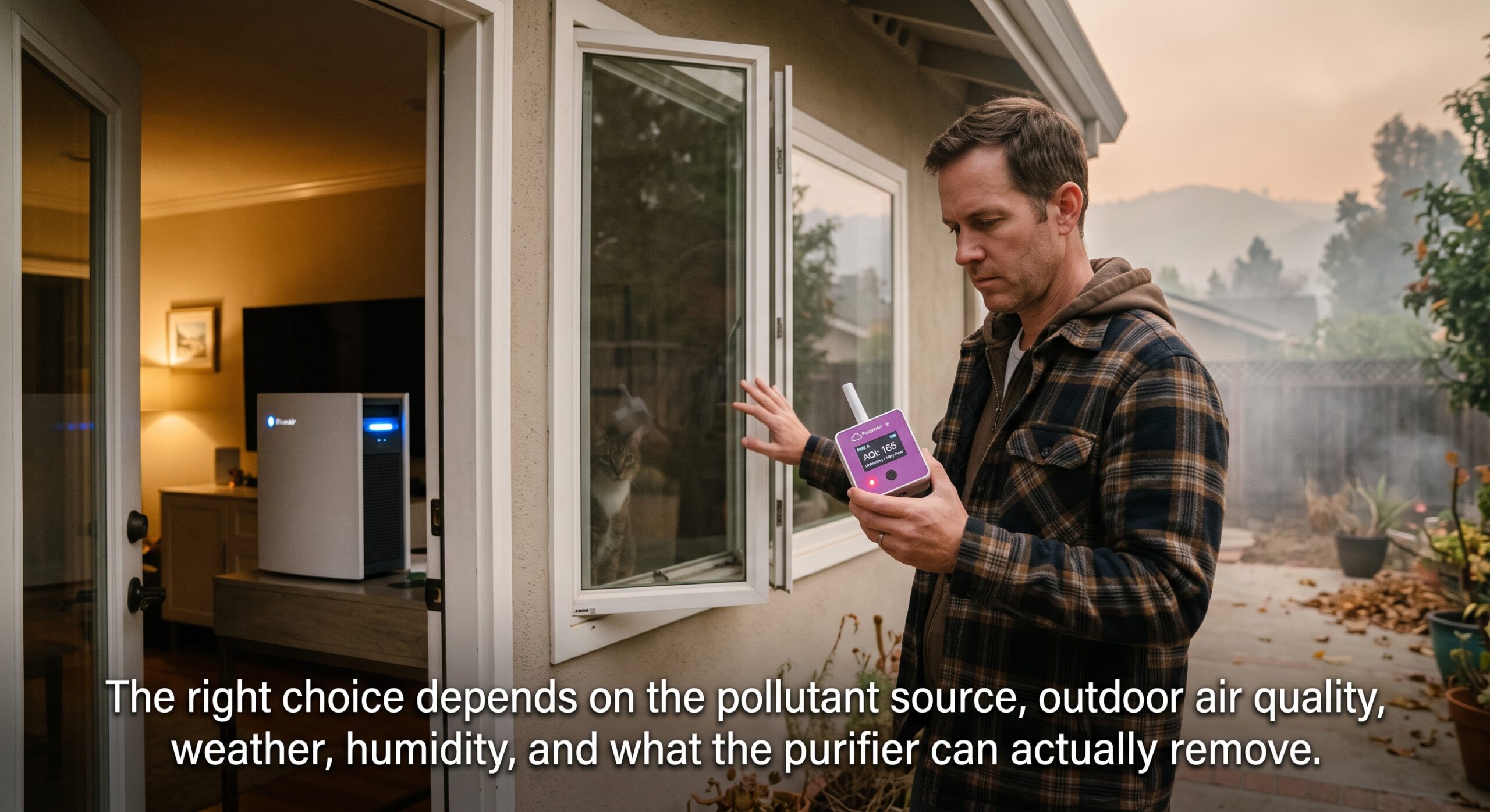 Homeowner checking outdoor air quality before deciding whether to open a window beside a running air purifier