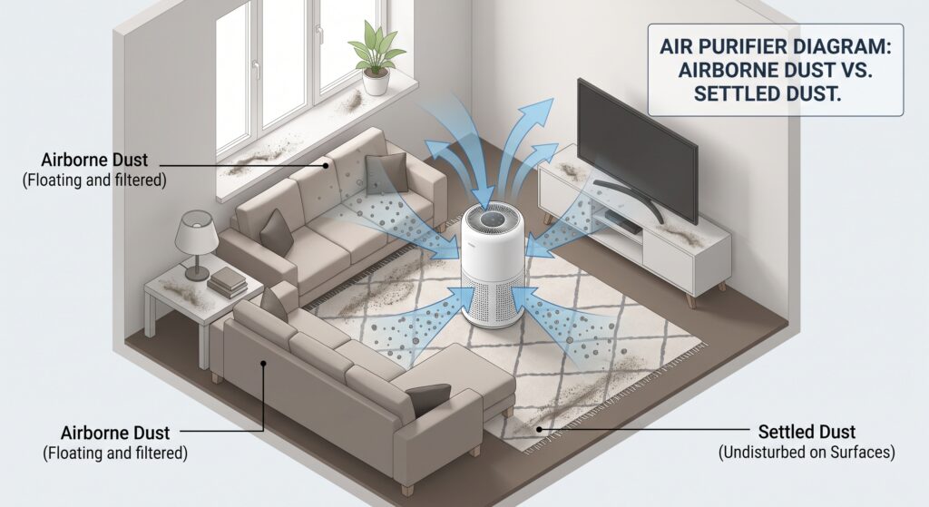 Living room diagram showing airborne dust entering an air purifier while settled dust remains on furniture and floors