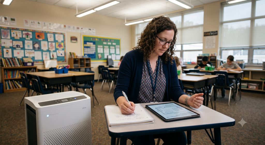 Teacher reviewing classroom dimensions and air purifier CADR beside a properly placed HEPA air cleaner