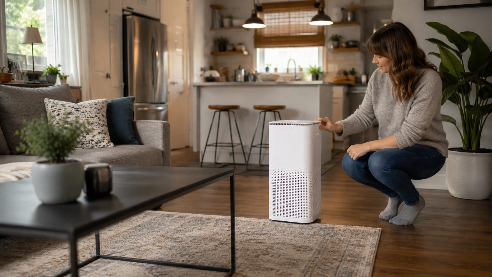 Homeowner adjusting a portable air purifier for an all-day indoor air routine
