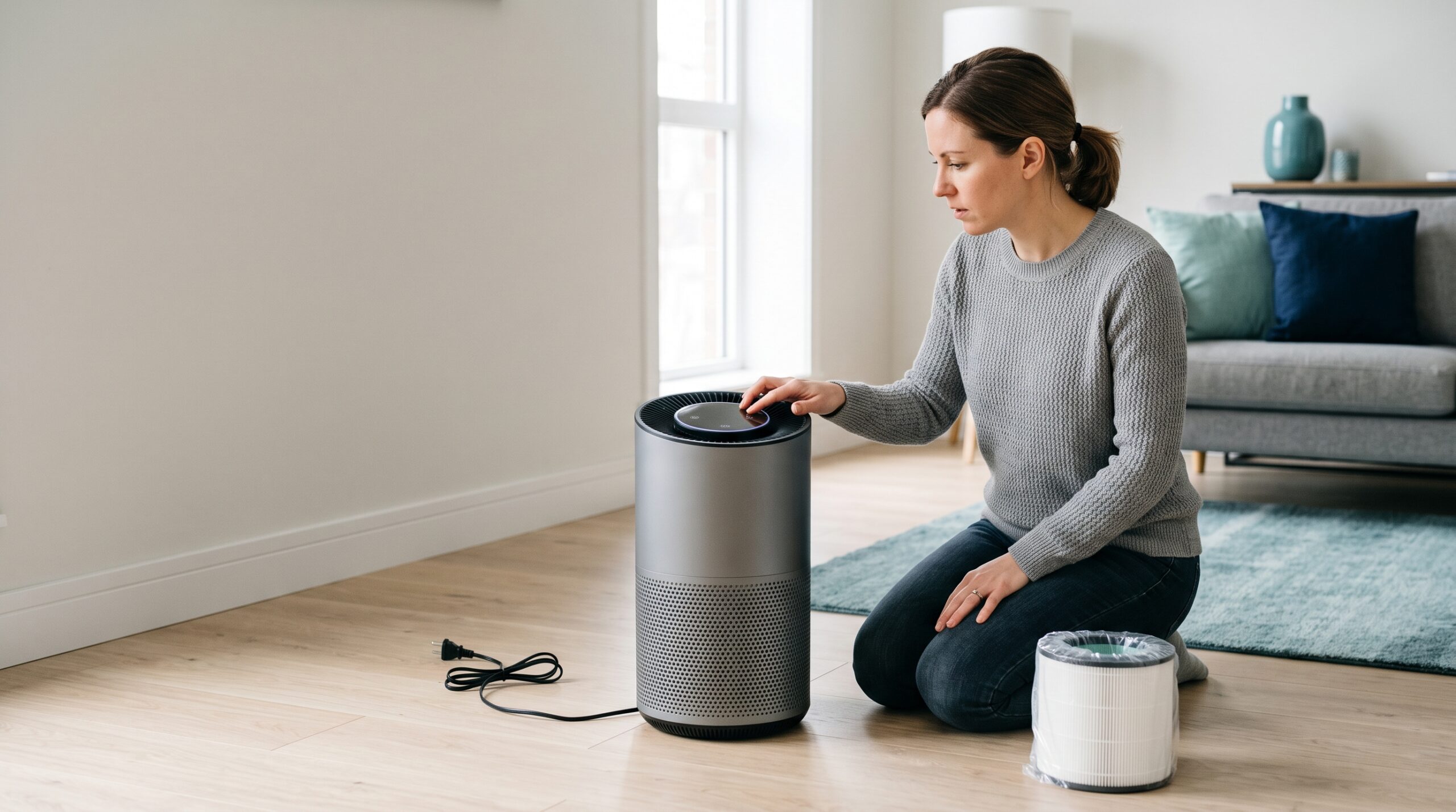 Homeowner checking an air purifier that keeps turning off while reviewing its timer, filter, and power cord