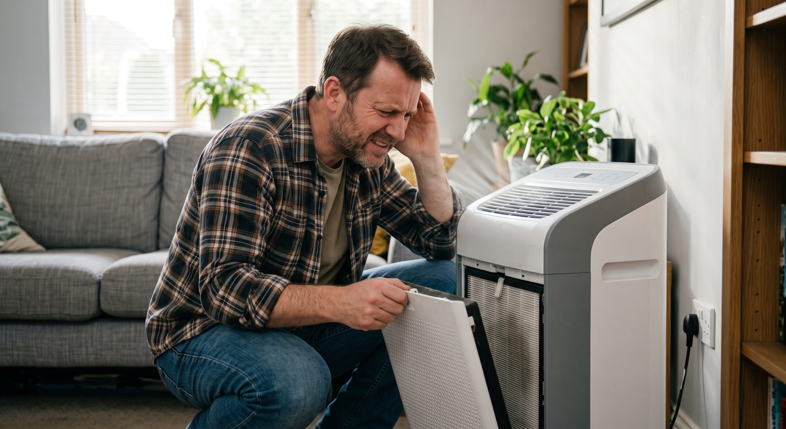 Homeowner listening to a suddenly loud air purifier while checking its filter and air vents